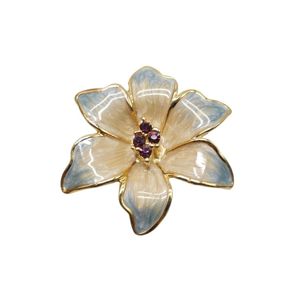Blue Flower Brooch Gold Tone Elegant Marble Cream Enamel Rhinestone Center